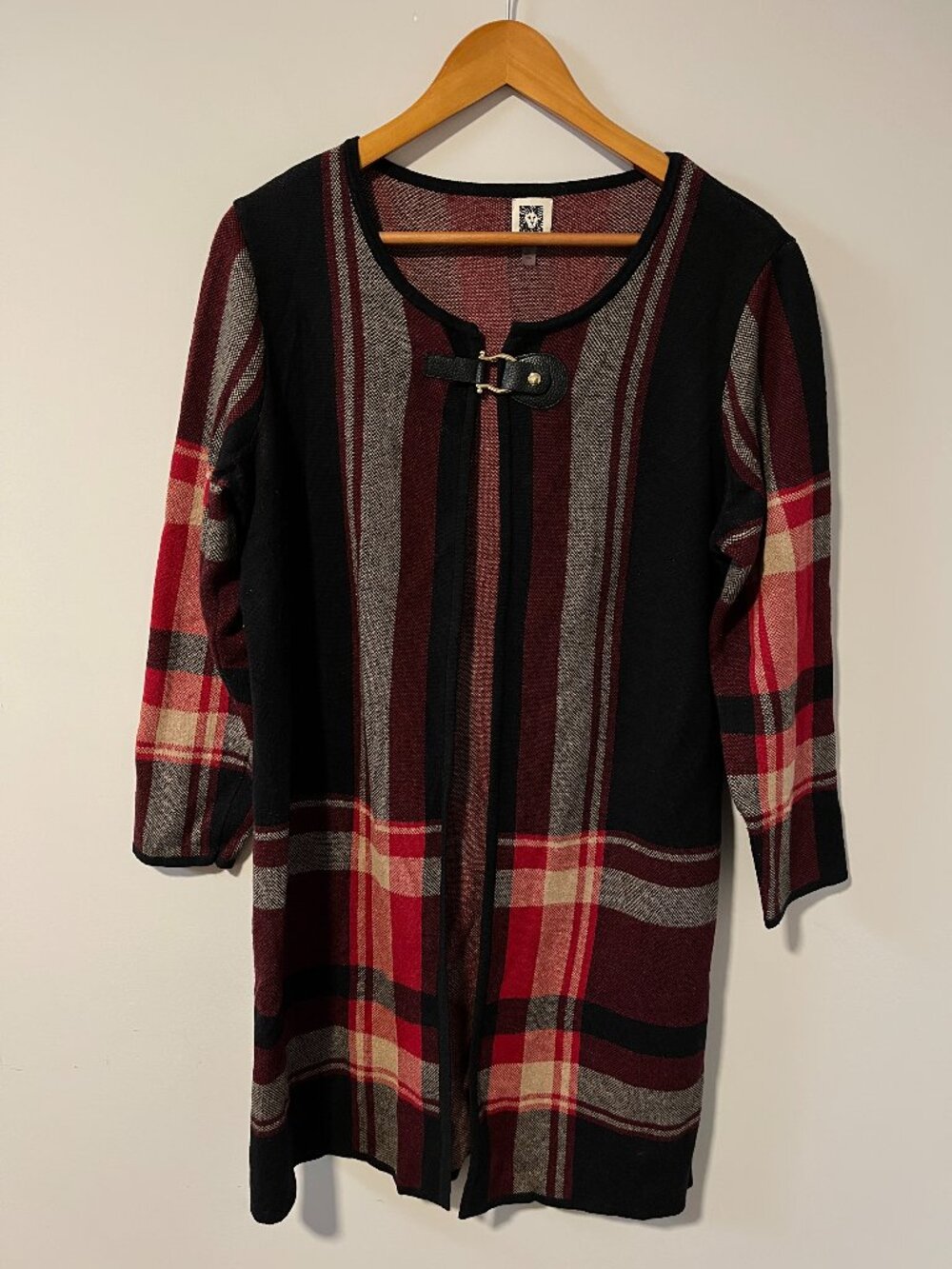 Anne Klein Plaid Duster Cardigan L Womens Black Red Gray Buckle Open Front Long